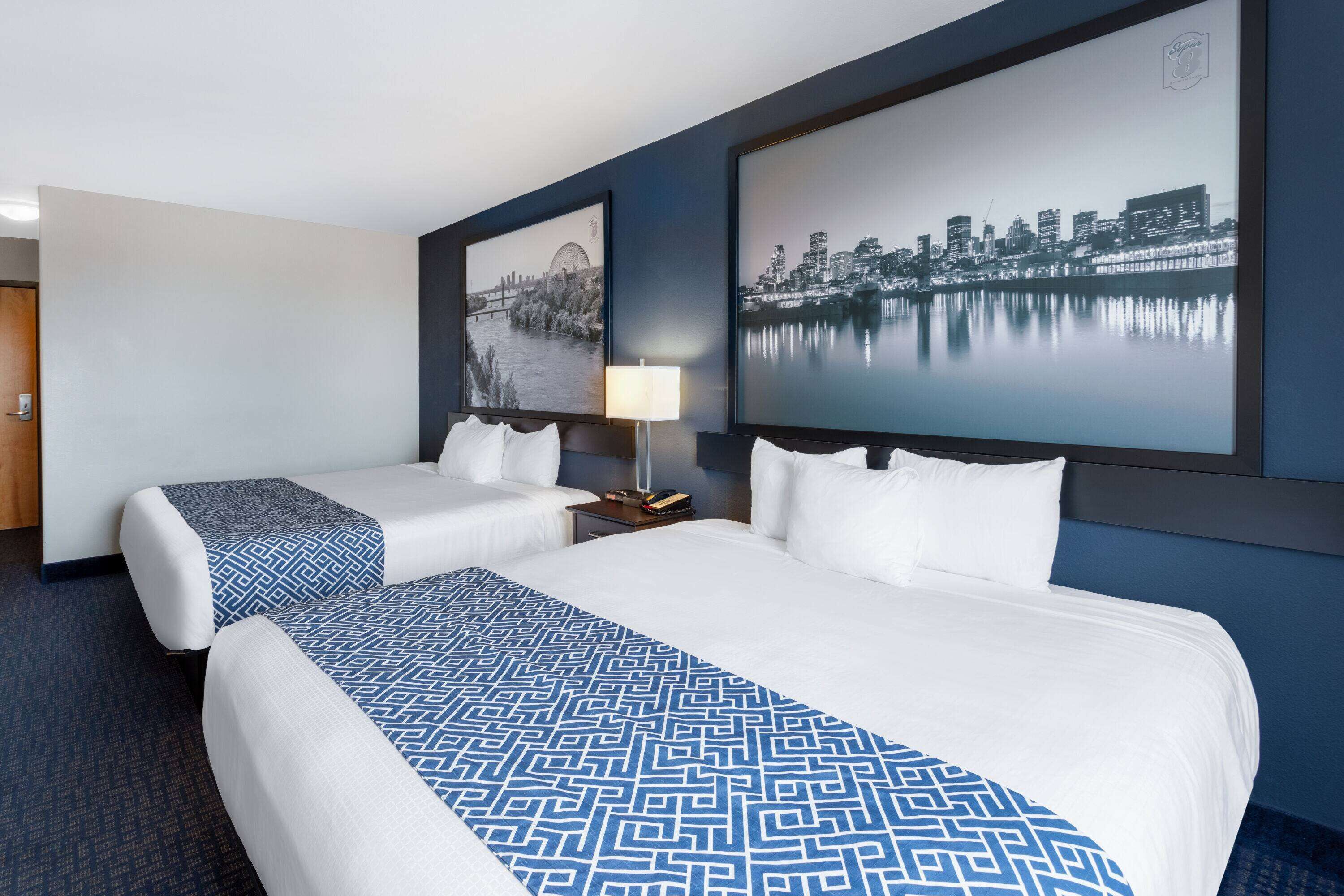 premium bedding, desk, blackout curtains, iron/ironing board