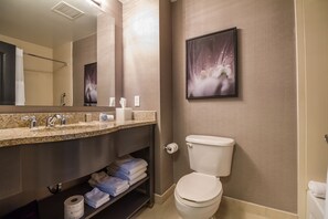 Un baño moderno con encimera de granito, un inodoro y una obra de arte enmarcada en la pared.