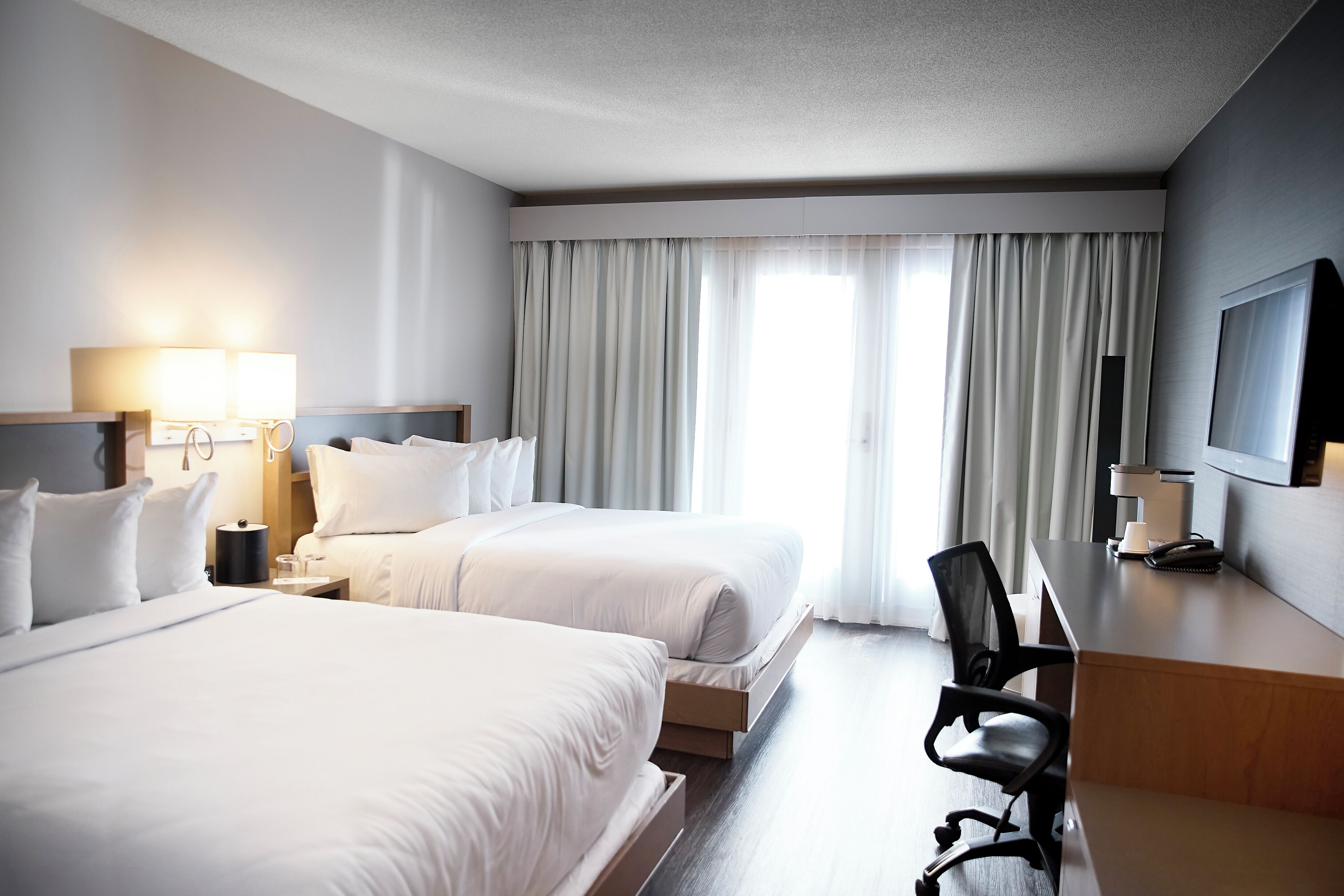 Hypo-allergenic bedding, blackout curtains, iron/ironing board