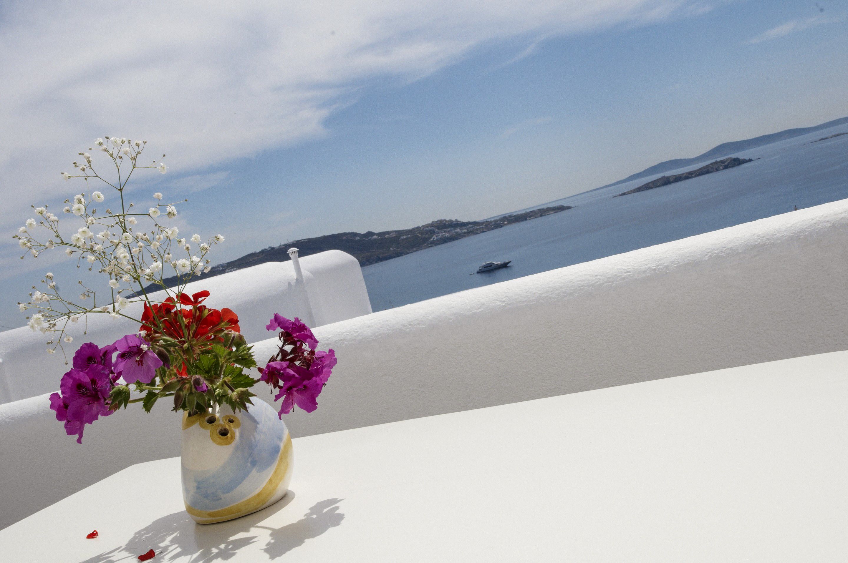 A white vase with flowers on a balcony overlooking a body of water and distant land.
