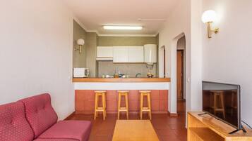 Een compacte woonruimte met een kitchenette, een bank, een televisie en een kleine salontafel.