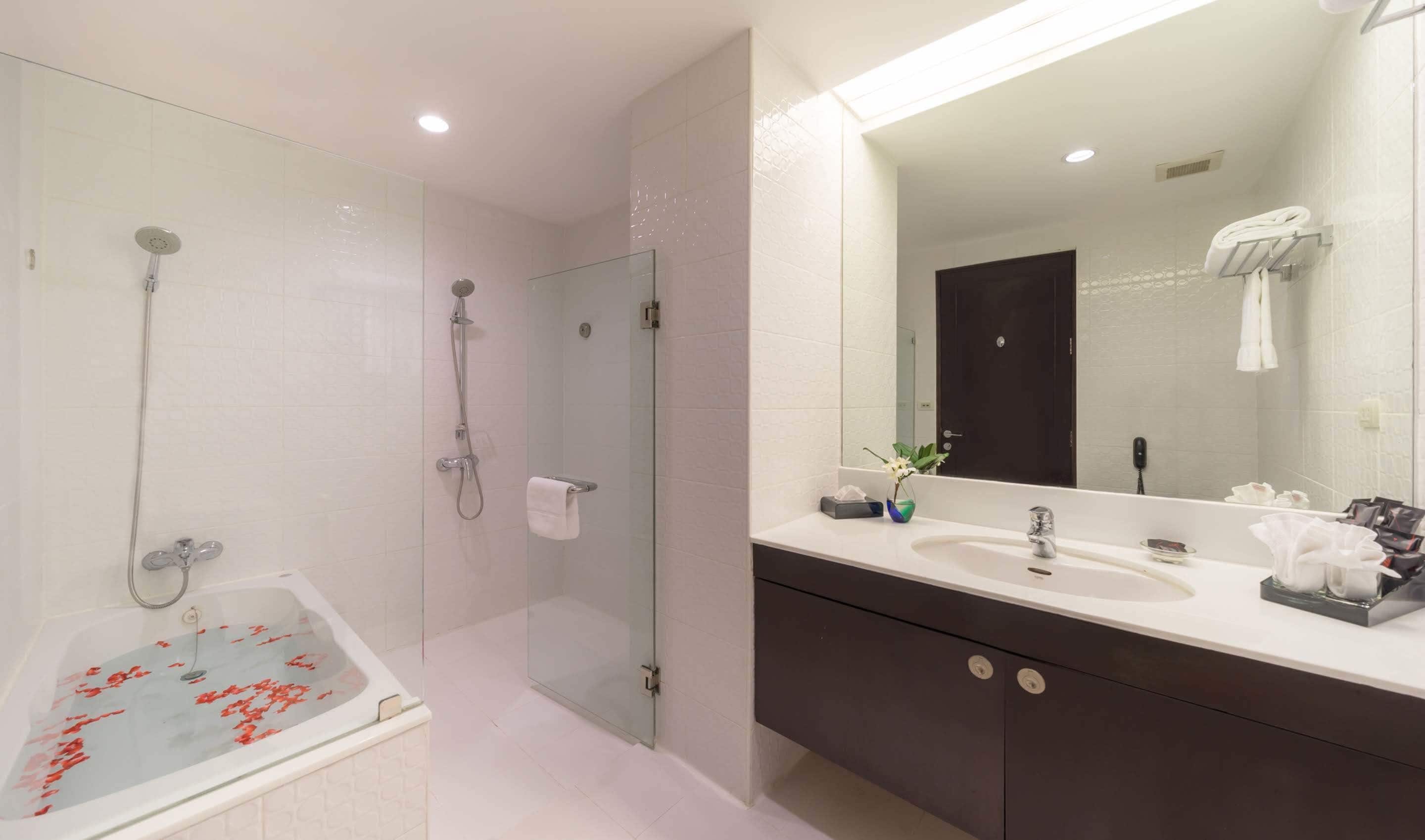 combined shower/bathtub, free toiletries, hair dryer, towels