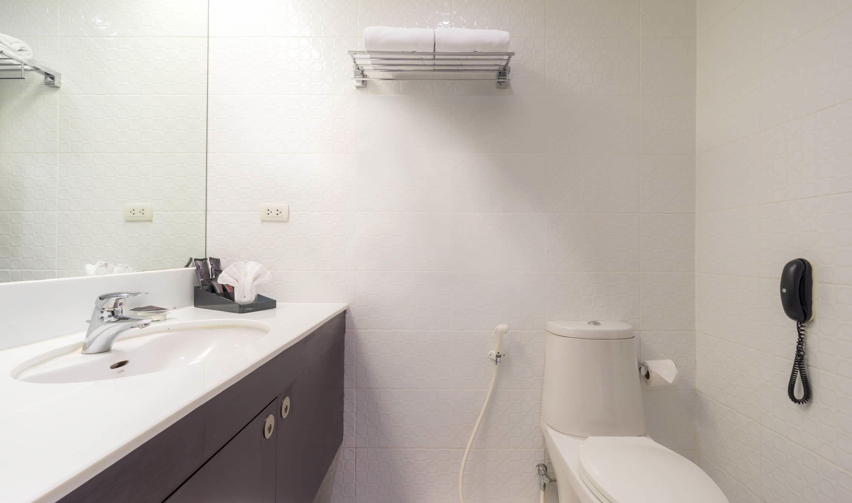 combined shower/bathtub, free toiletries, hair dryer, towels