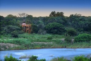 Une structure en bois dotée d’une plateforme et d’éclairages, entourée d’une végétation luxuriante et bordée par une rivière.