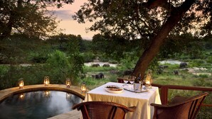 An outdoor dining area with a table set for two, overlooking a natural landscape with elephants.