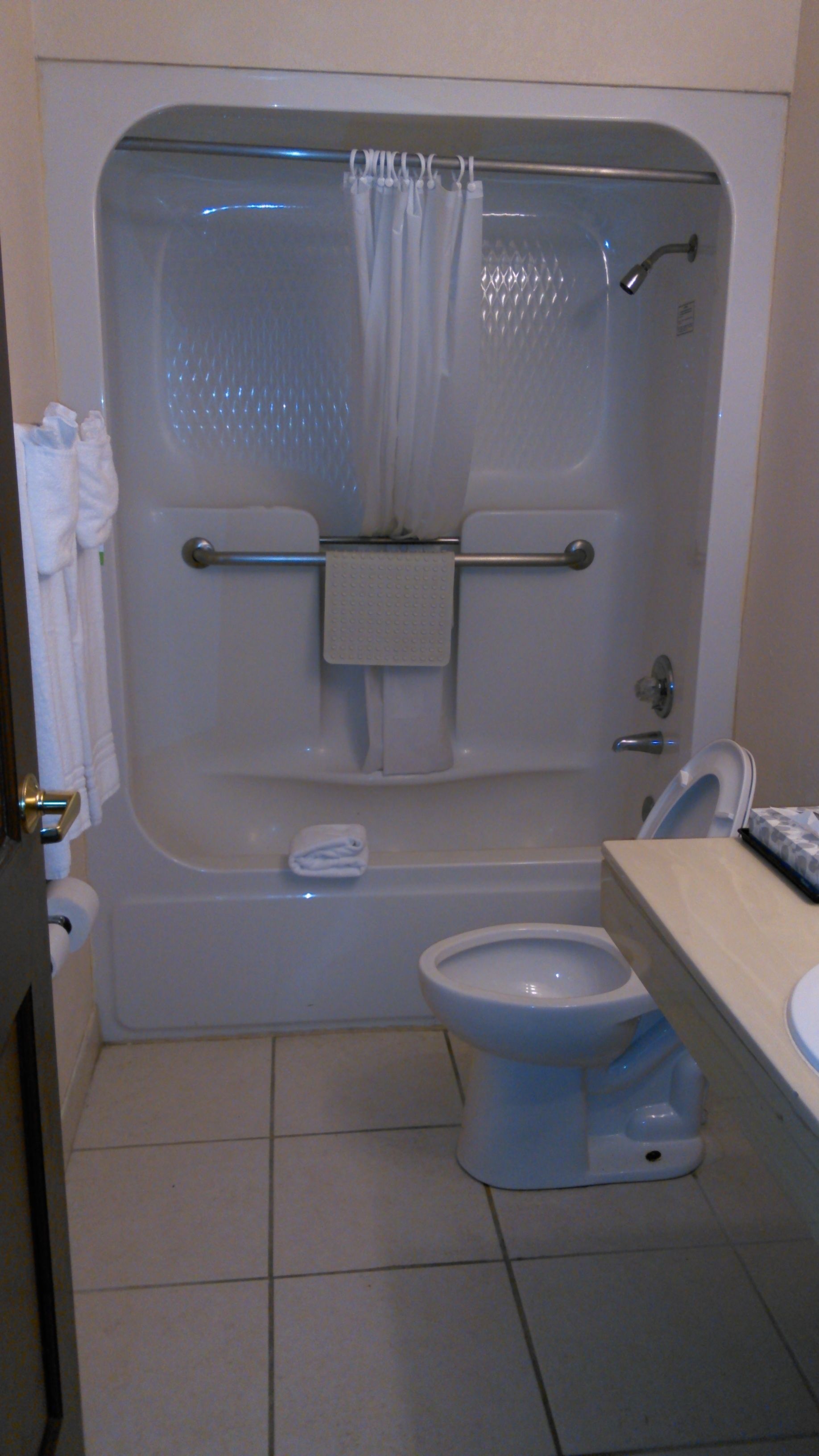 A bathroom with a bathtub, toilet, and a shower curtain.