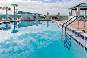 Outdoor pool, open 7:00 AM to 6:00 PM, sun loungers