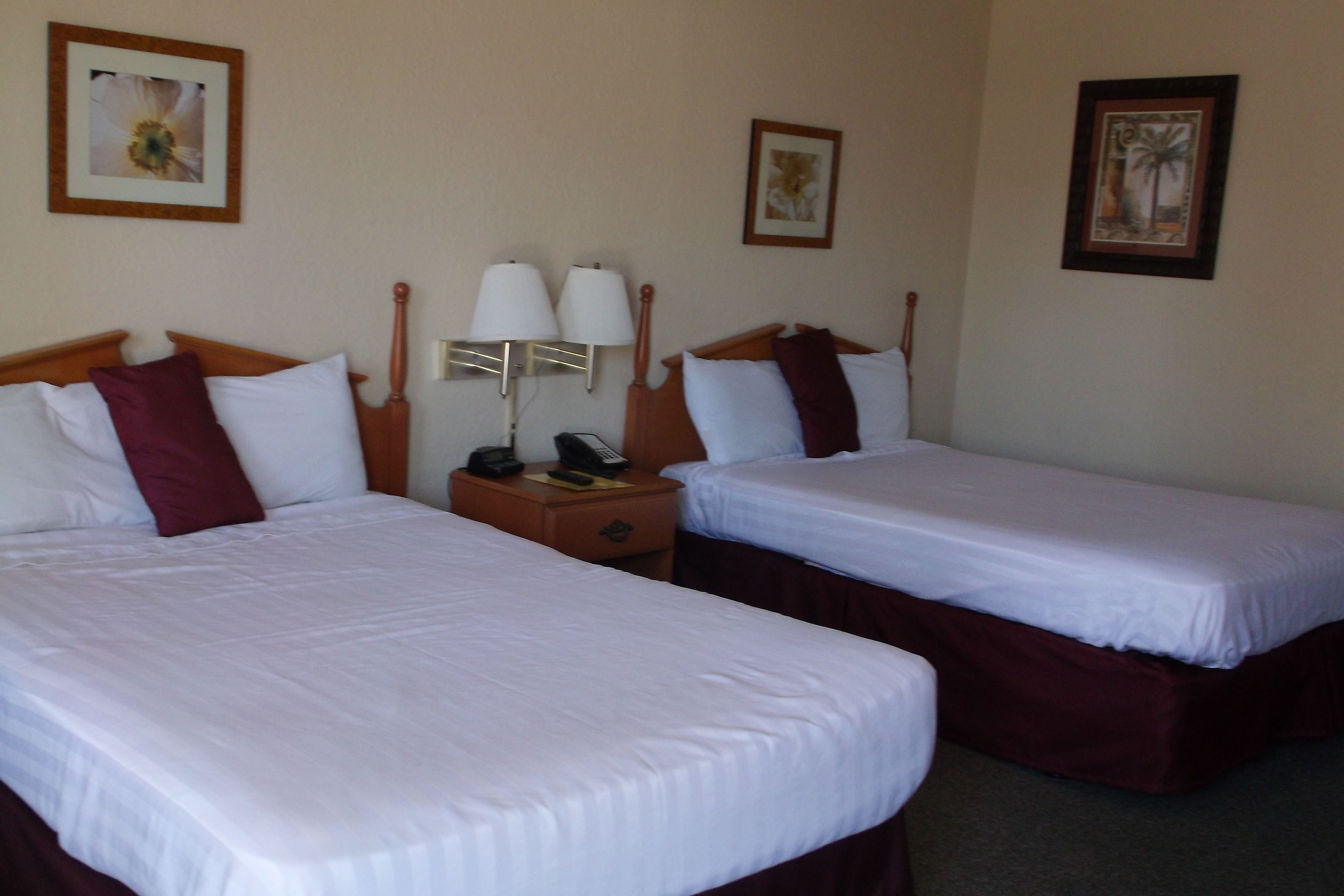 Una camera d'albergo con due letti singoli, ognuno con una testiera in legno, biancheria da letto bianca e un cuscino decorativo rosso. Sono presenti comodini con lampade e un telefono.