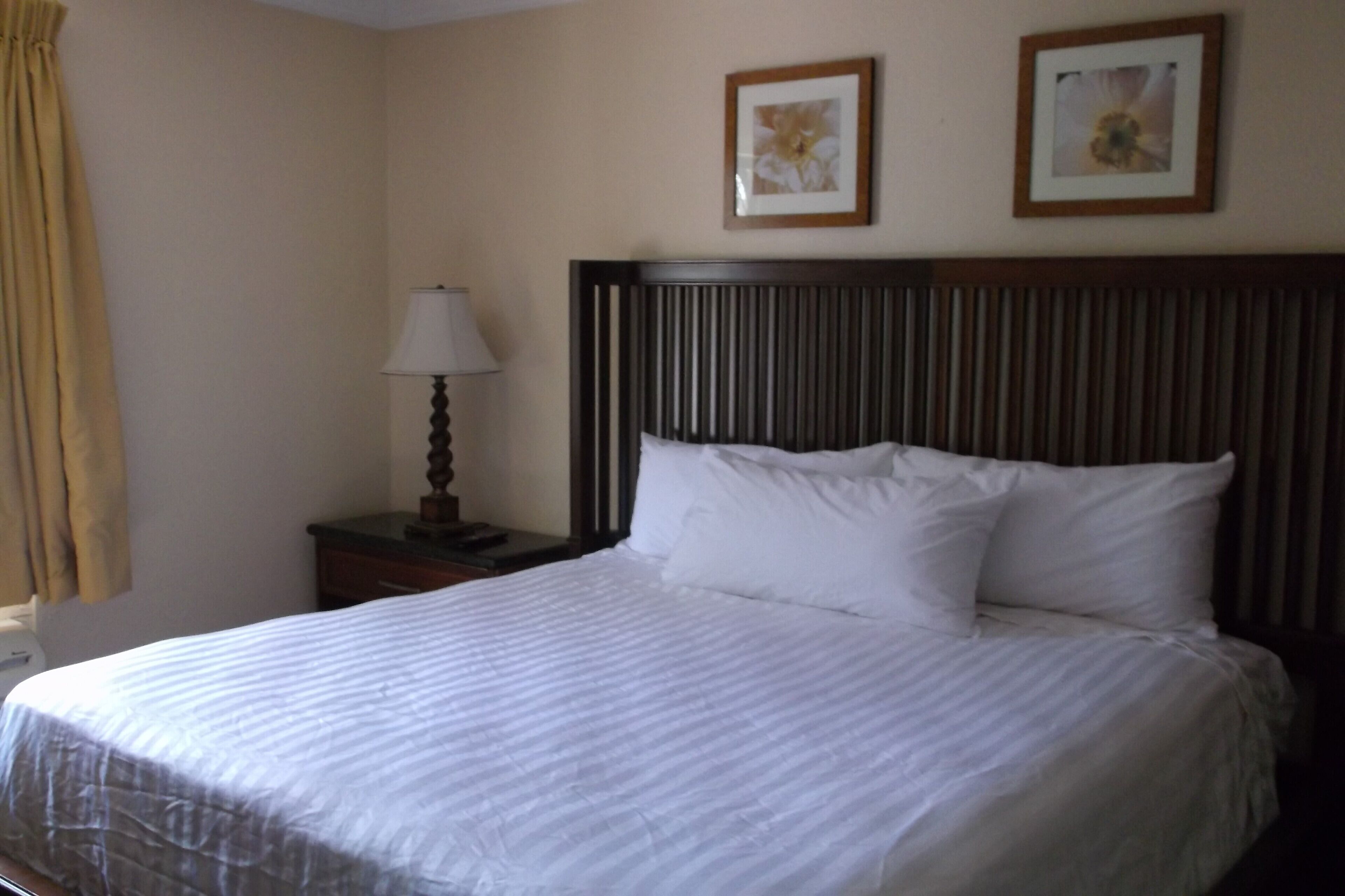 A hotel room with a large bed, a nightstand with a lamp, and two framed pictures on the wall.