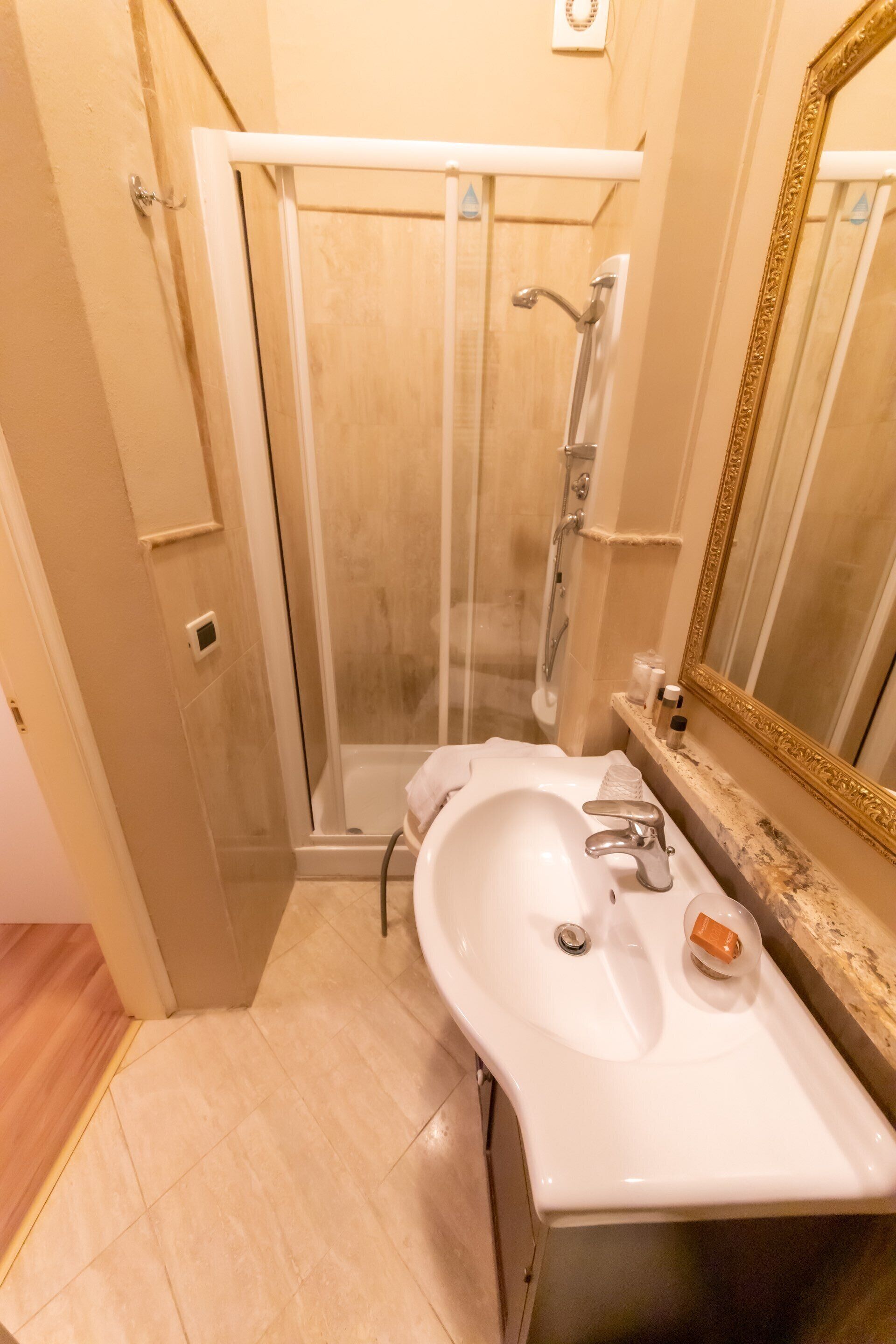 A bathroom with a shower enclosure, a sink with a mirror, and a towel rack.