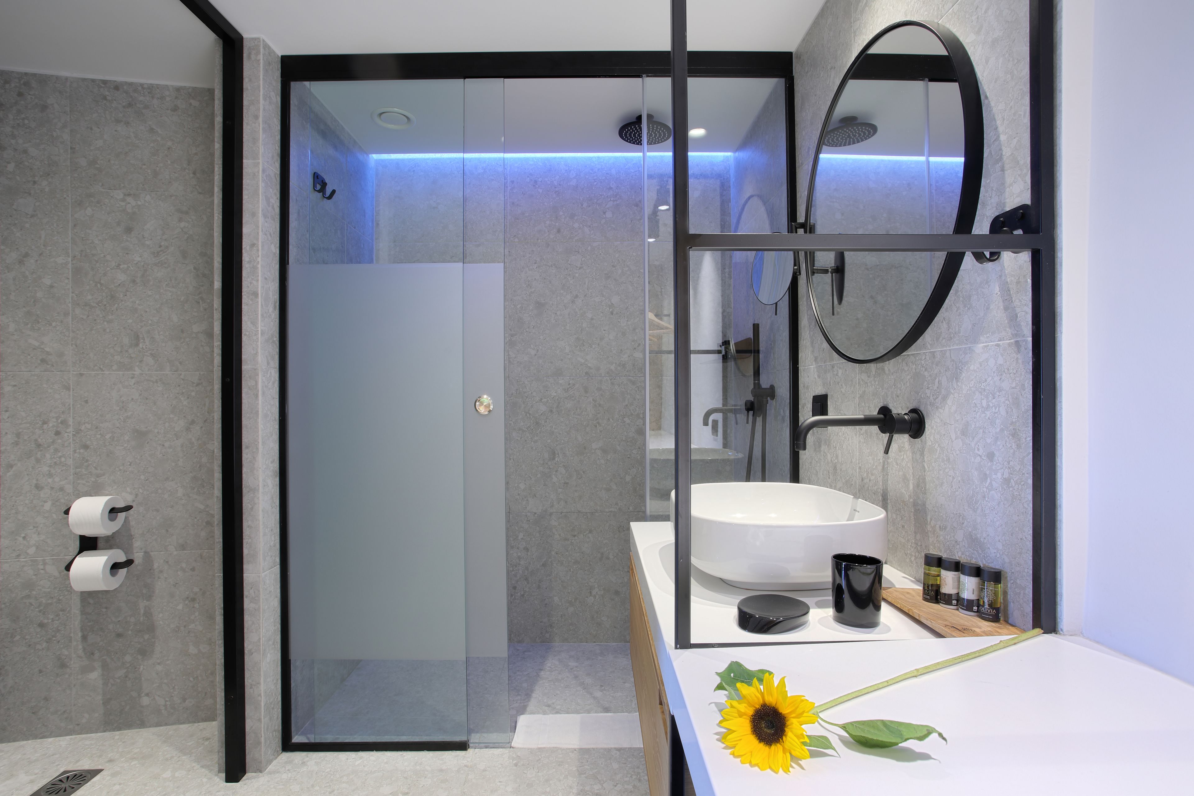 A modern bathroom with a glass shower enclosure, a large sink, and a mirror.