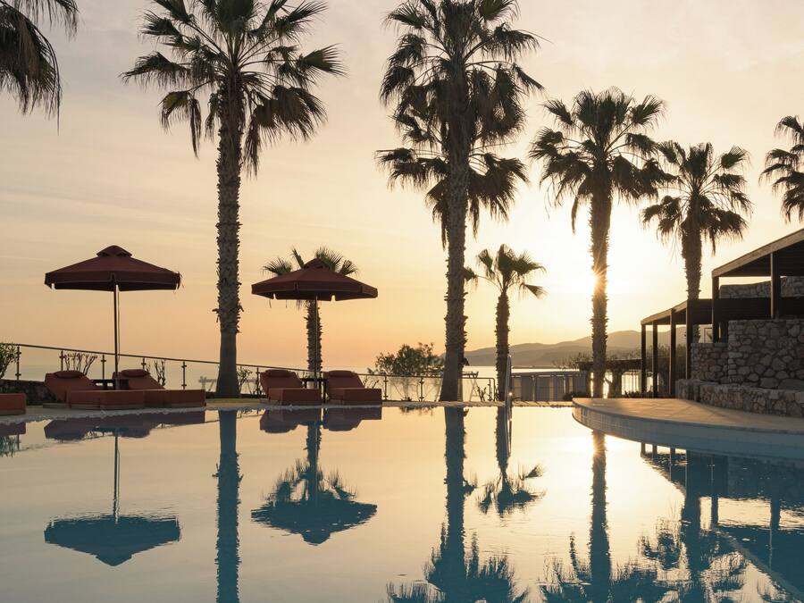 Una piscina con palmeras y sillas de descanso, rodeada por un muro de piedra y un edificio con techo de cristal.