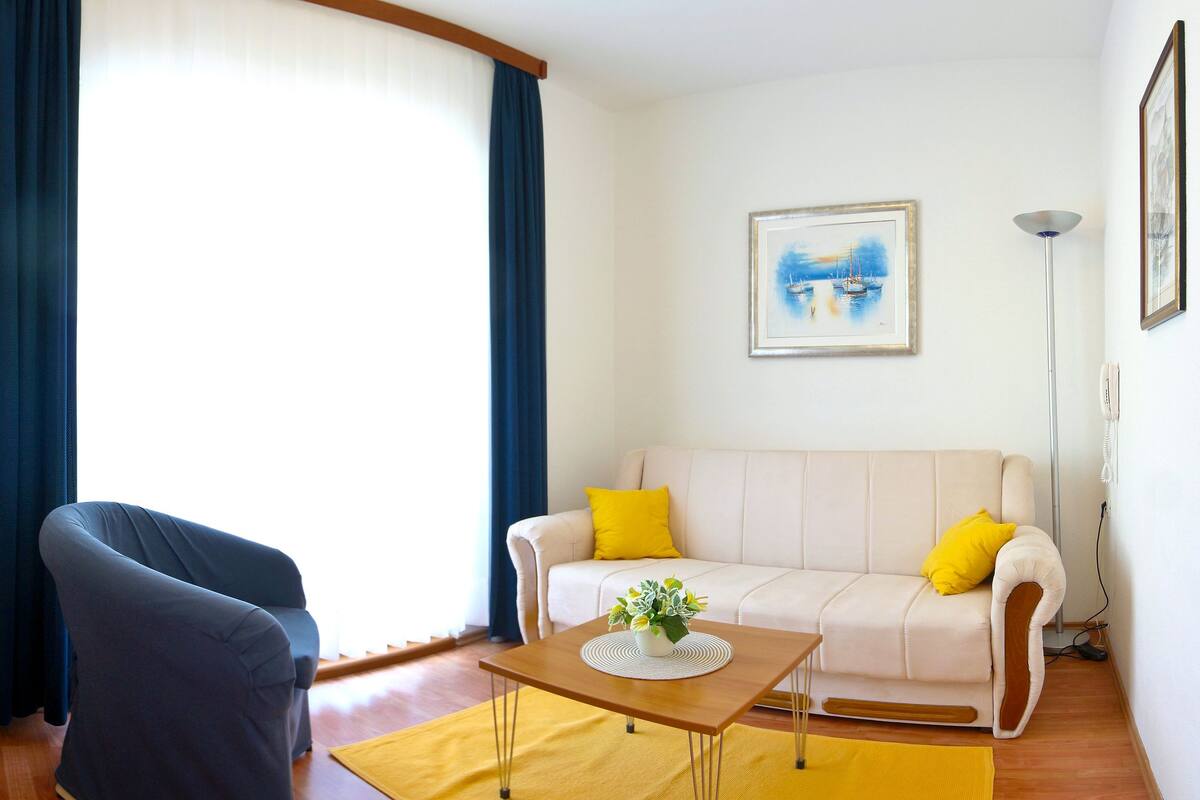 A living room with a sofa, a chair, a coffee table, a TV, and a plant.