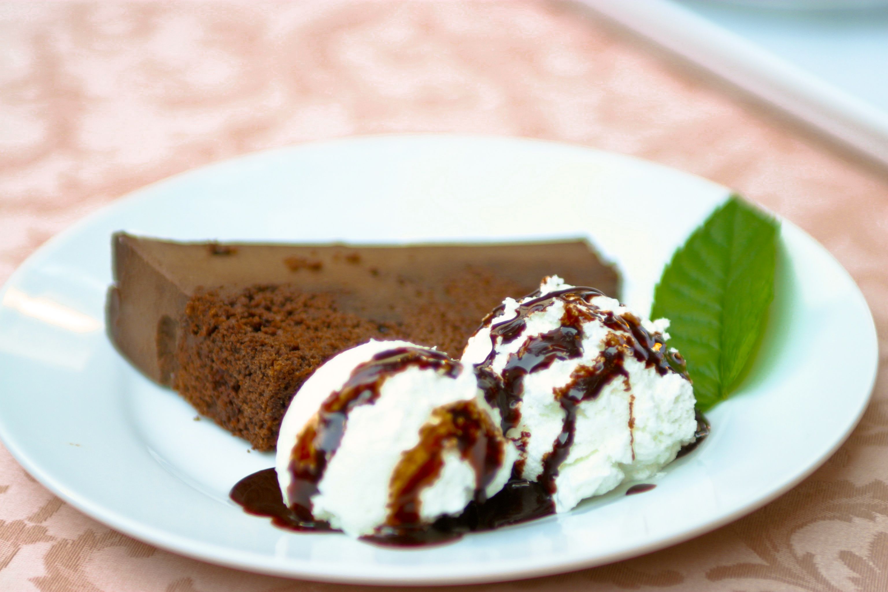 A dessert plate with a slice of cake and two scoops of ice cream drizzled with chocolate sauce, accompanied by a mint leaf.