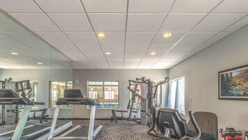 A gym with treadmills, elliptical machines, and free weights.