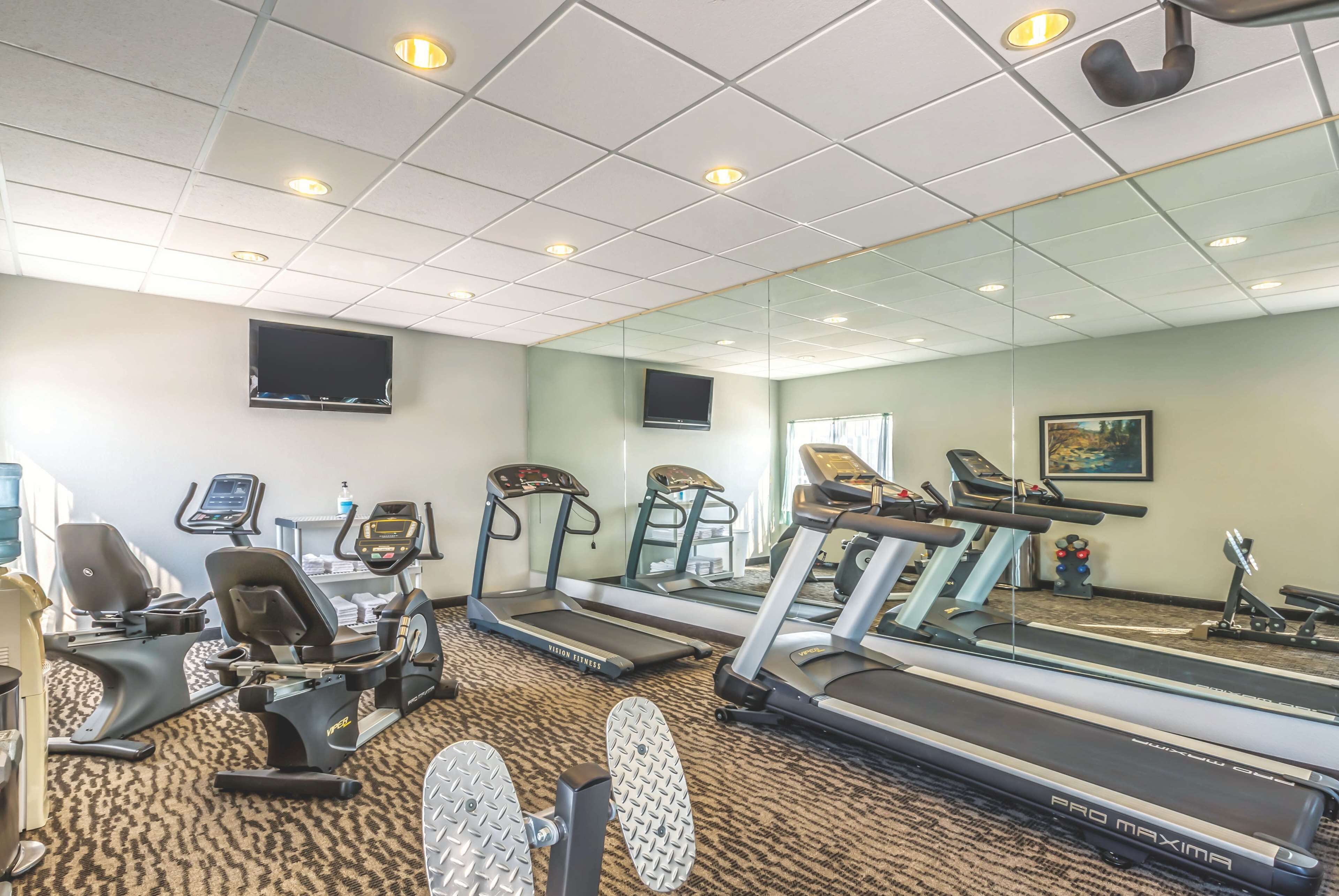 A gym with treadmills, elliptical machines, and a mirrored wall.