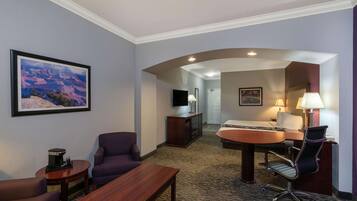 Premium bedding, desk, blackout drapes, iron/ironing board