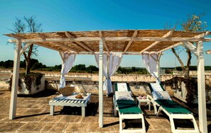 Una piscina al aire libre, sombrillas, tumbonas