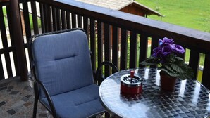 A balcony with a view of a green field and mountains. There is a chair and a table with a potted plant. - Hotel Silvester (Cerklje na Gorenjskem)