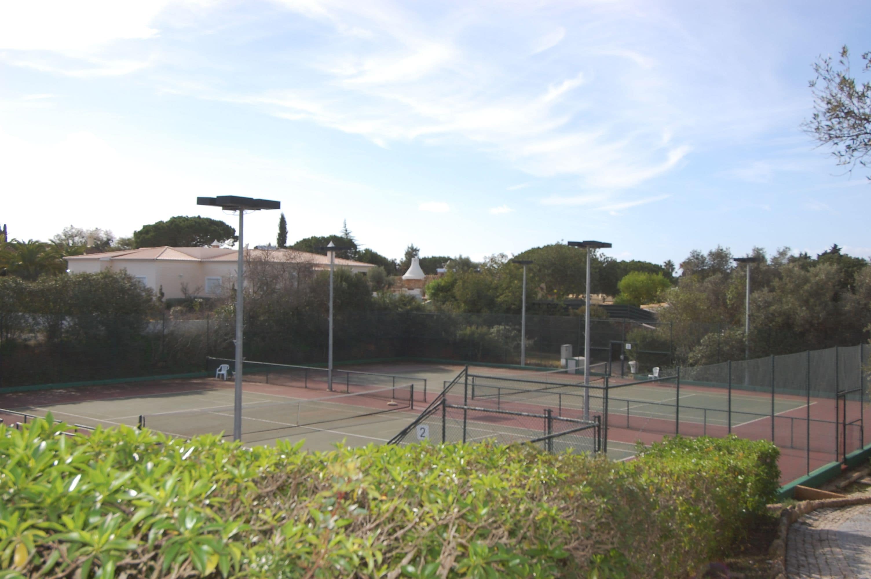 En tennisbane med net, omgivet af grønt og et hegn.