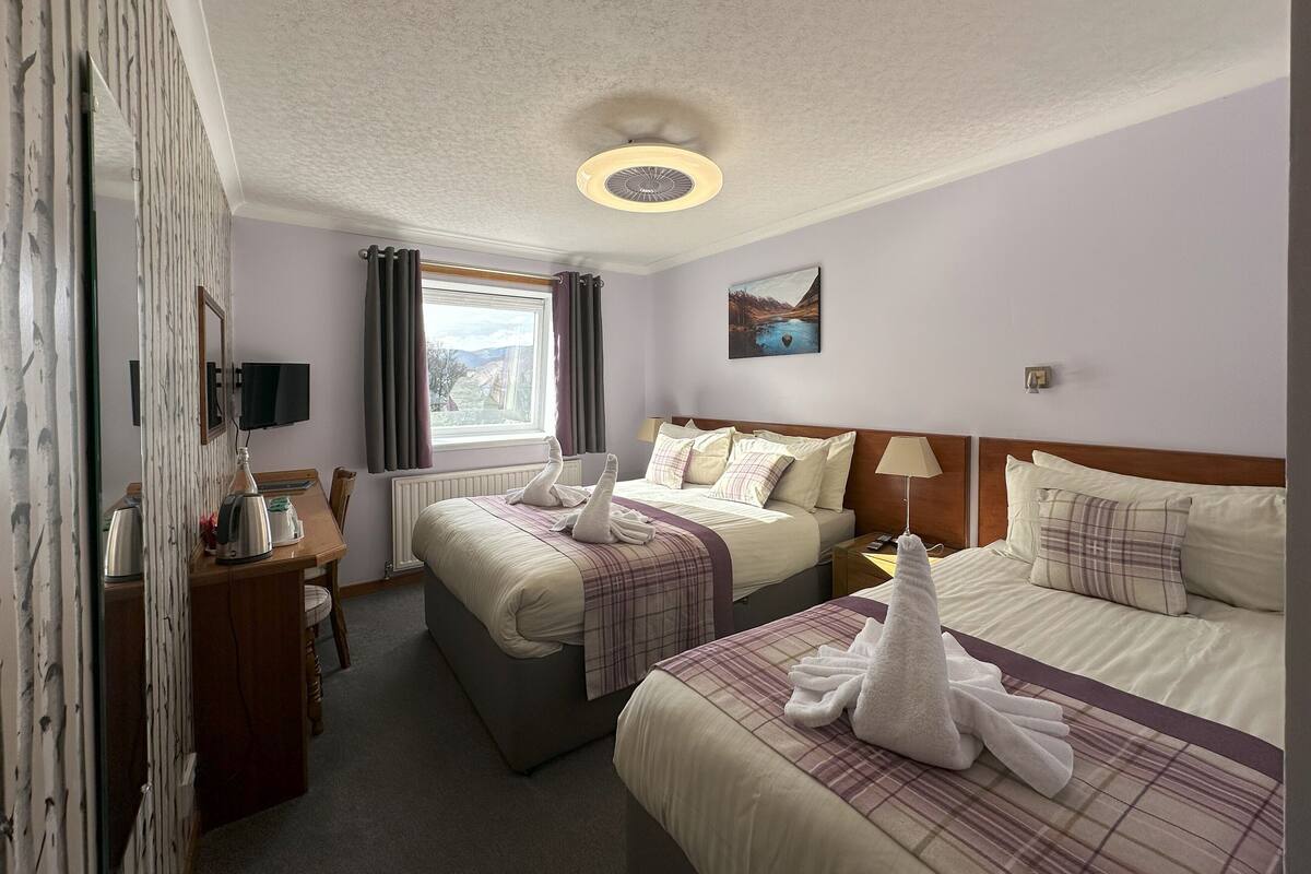 A hotel room with two beds, a window with curtains, a painting on the wall, and a ceiling light.