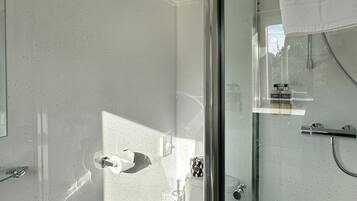 A modern bathroom with a glass shower enclosure, a white toilet, and a sink.