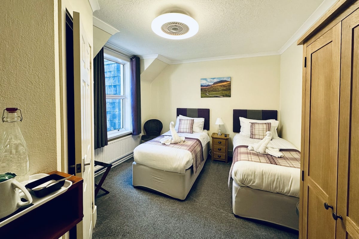 A bedroom with two beds, a window, a radiator, a bedside table with a lamp, and a painting on the wall.