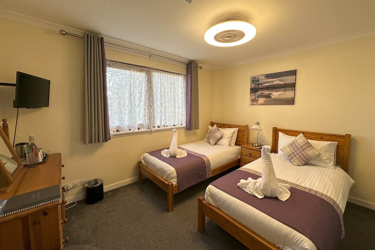 A hotel room with two beds, a TV, a painting, and a window with curtains.