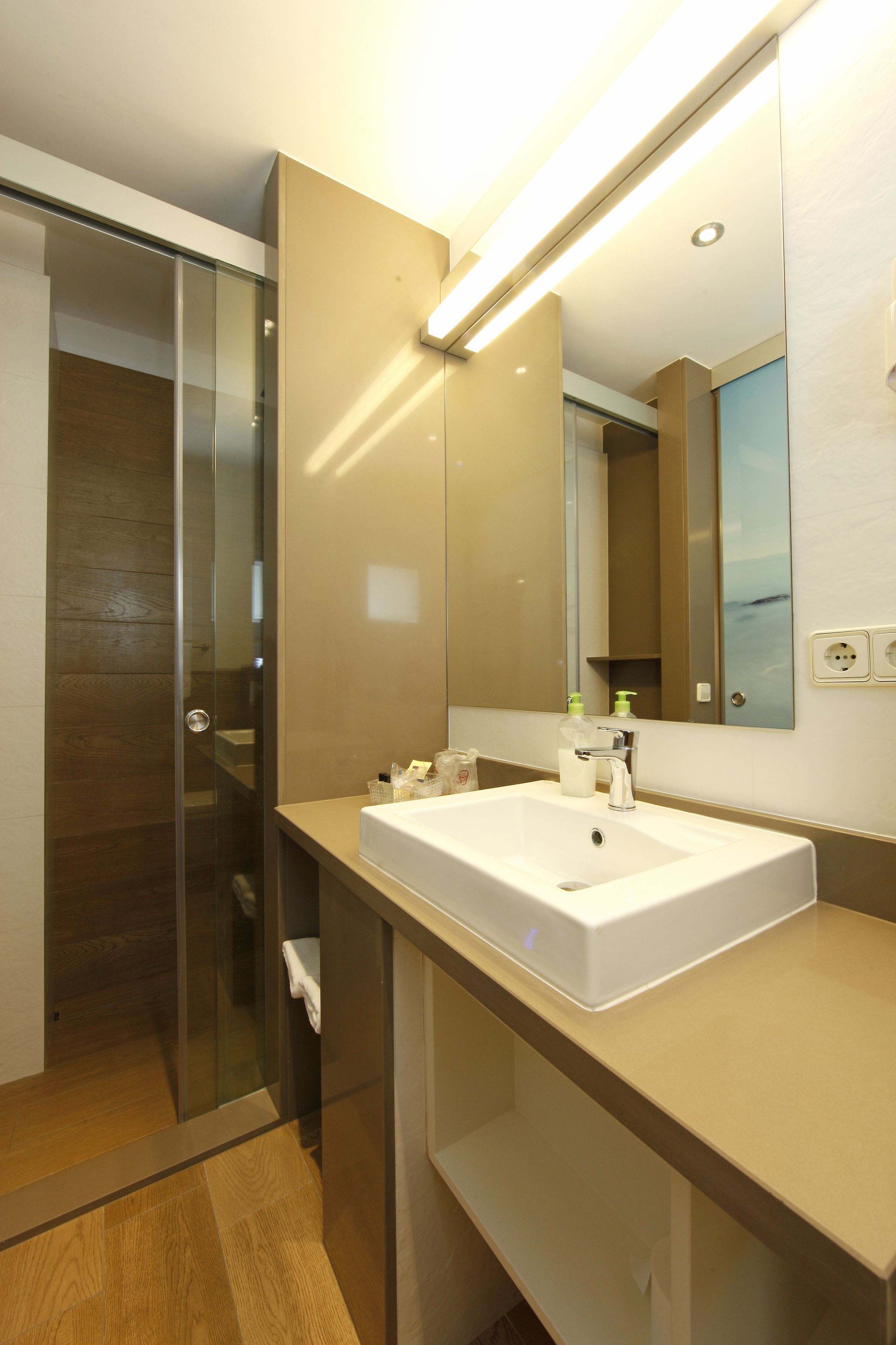 single room | bathroom | shower, rainfall showerhead, hair dryer, slippers