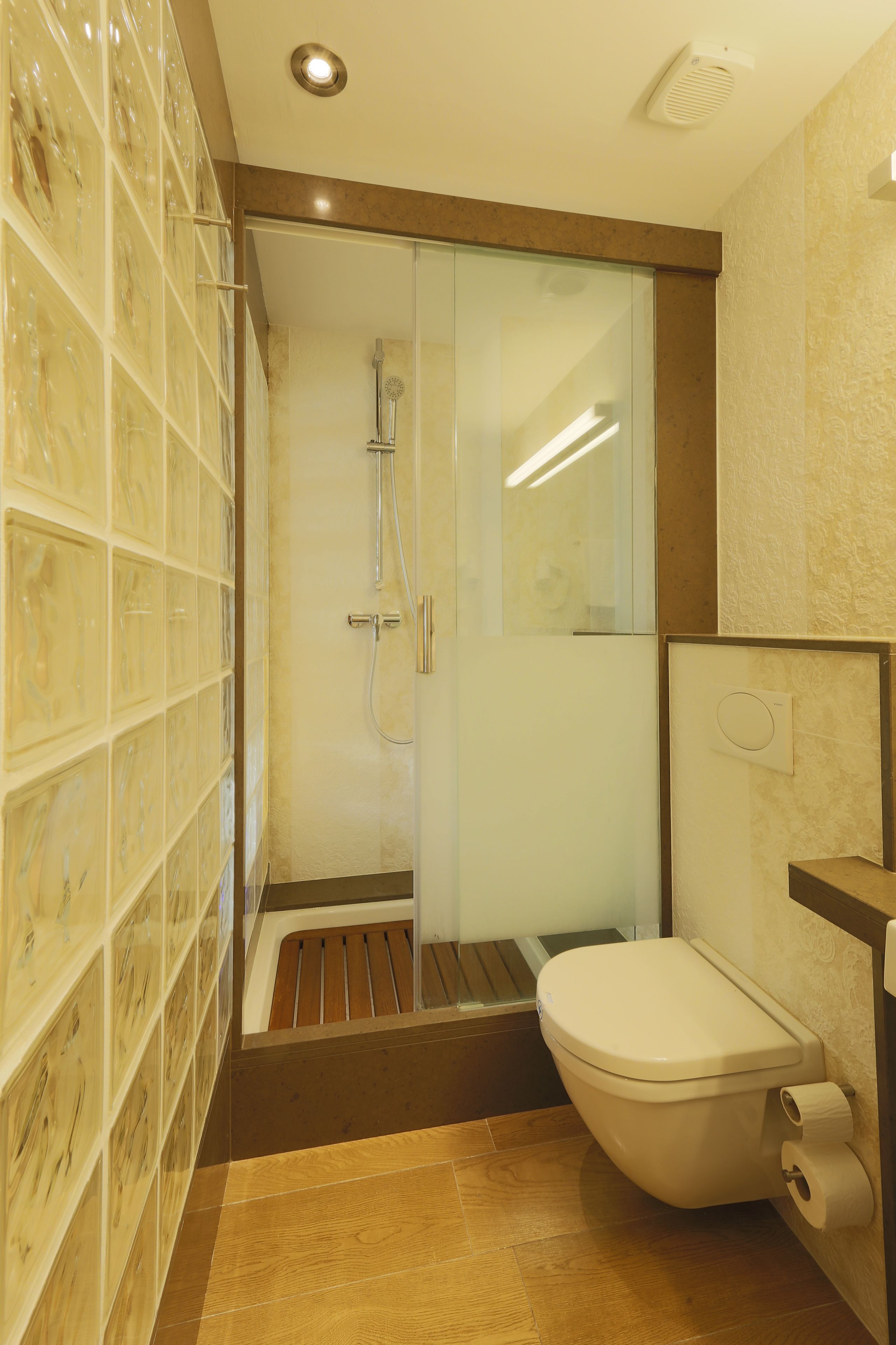 double room | bathroom | shower, rainfall showerhead, hair dryer, slippers