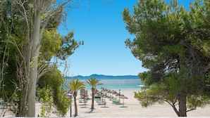Una playa con palmeras y sillas de playa.