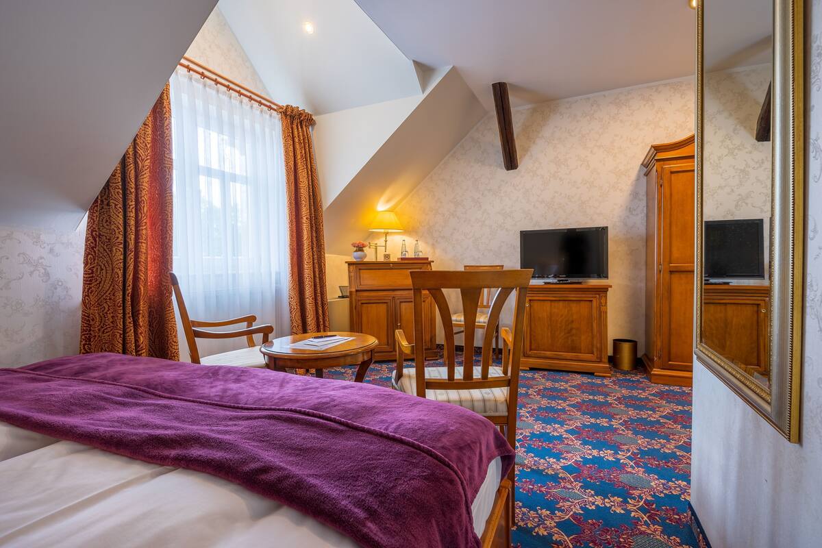 Ein Schlafzimmer mit einem Bett, einem Schreibtisch, einem Stuhl, einem Fernseher und einem Spiegel.