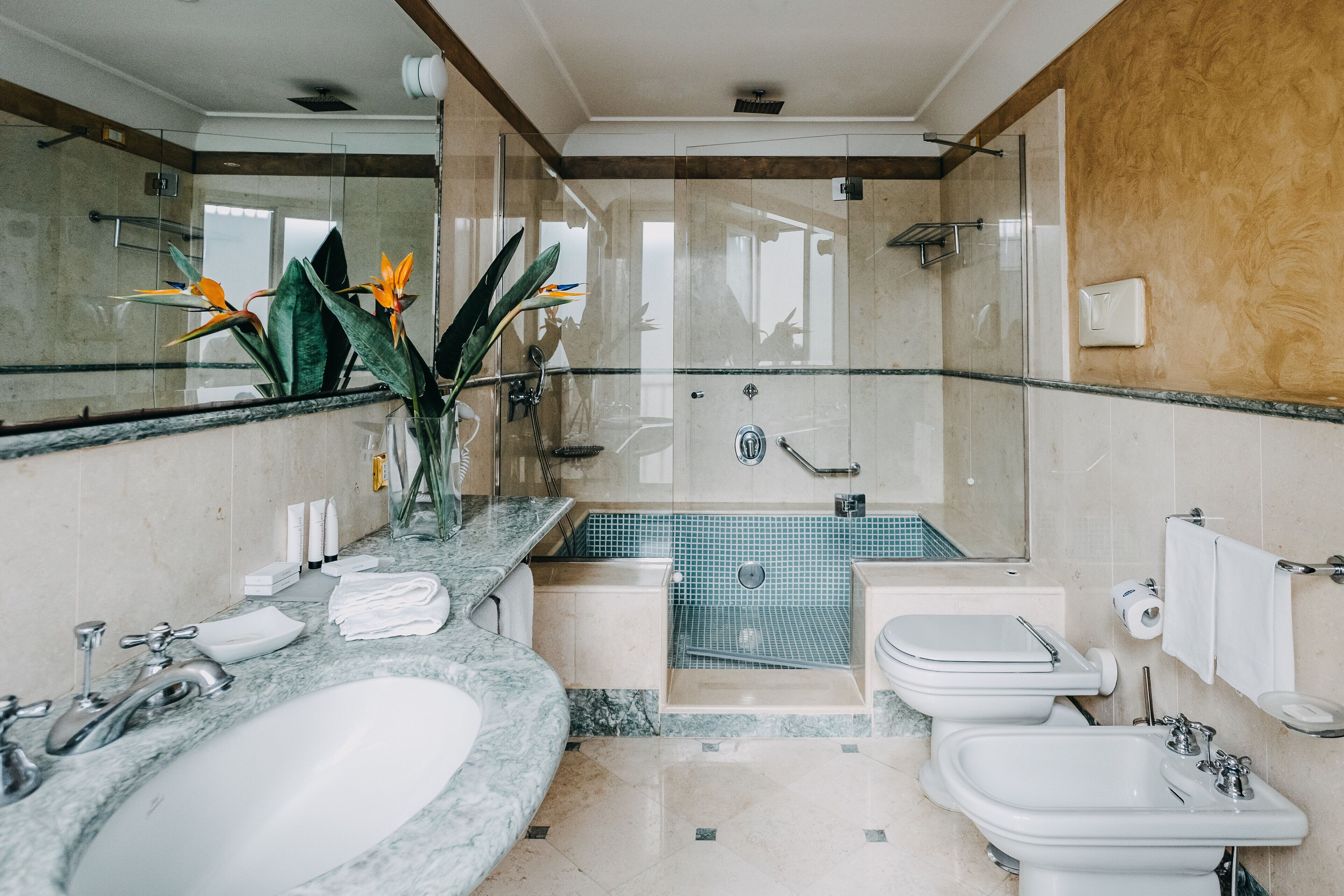 classic double or twin room | bathroom | combined shower/bathtub, designer toiletries, hair dryer, slippers