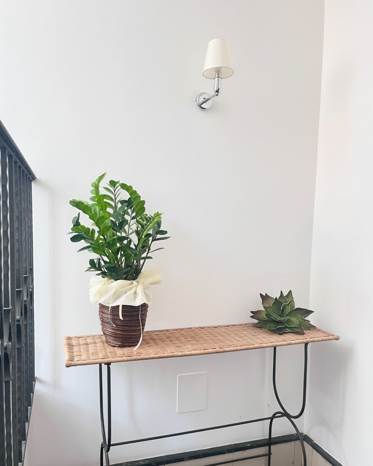 A corner with a wicker table holding a potted plant and a small succulent. A wall-mounted lamp is above the table.