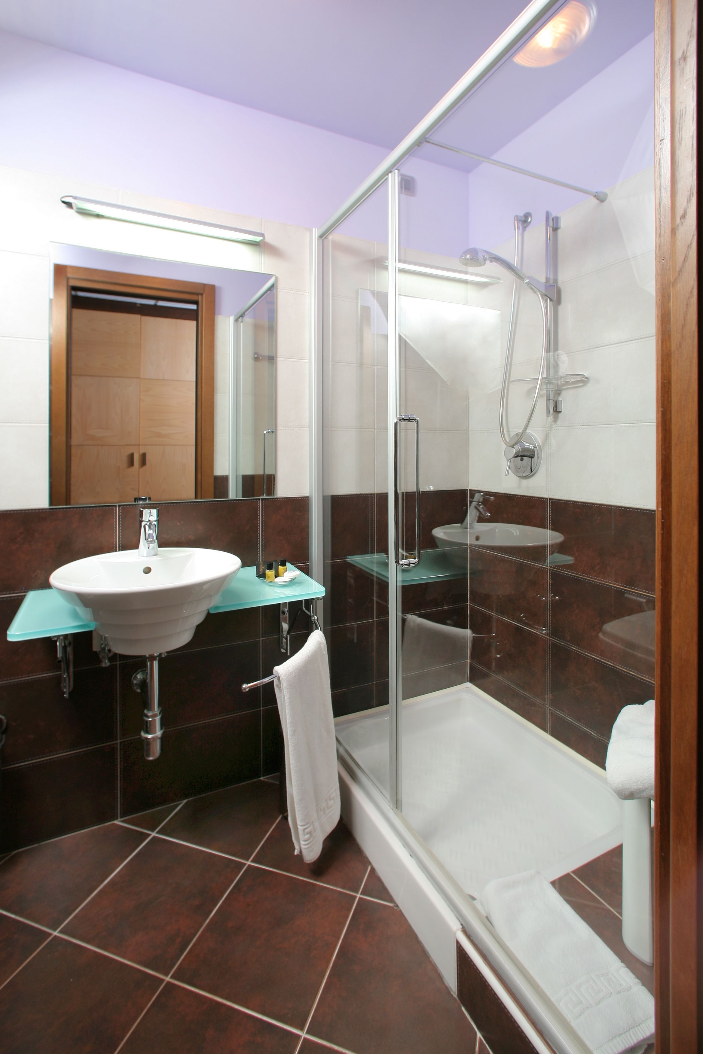Un baño moderno con ducha de vidrio, lavamanos blanco y repisa de vidrio.