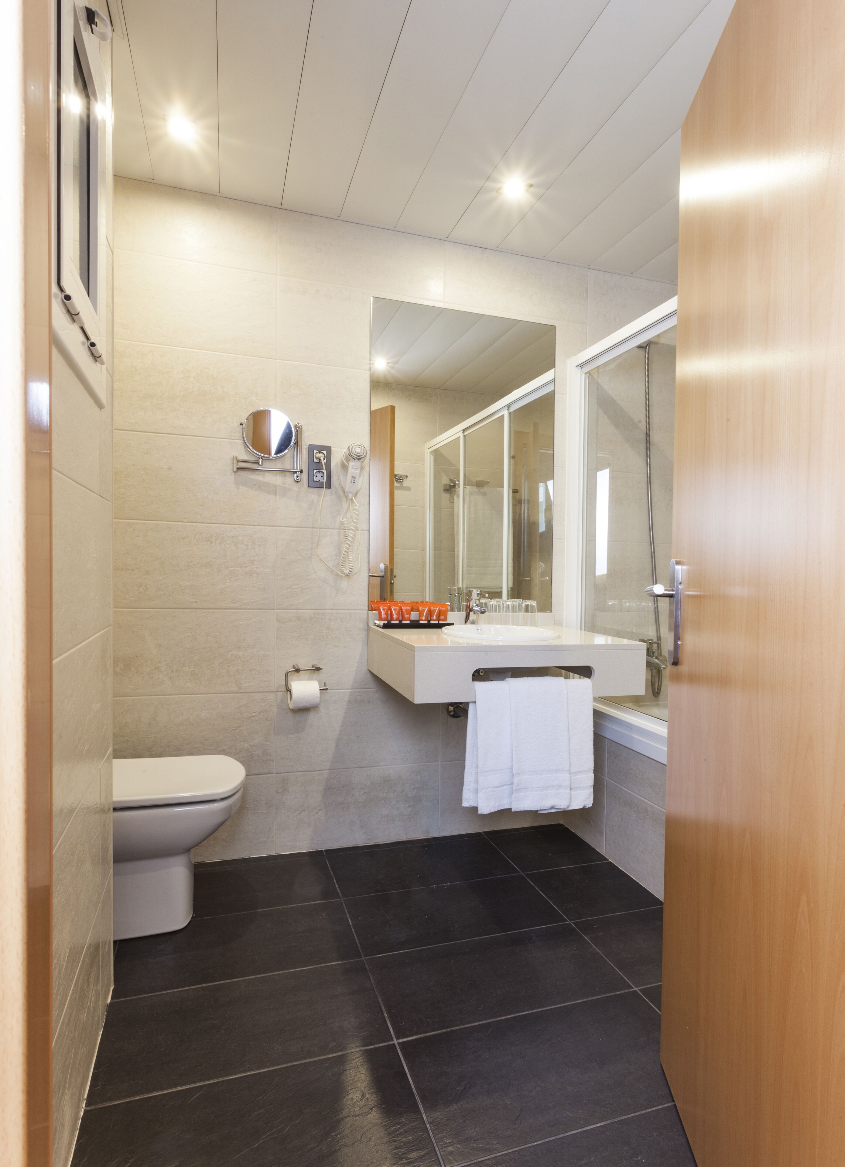 free toiletries, hair dryer, towels