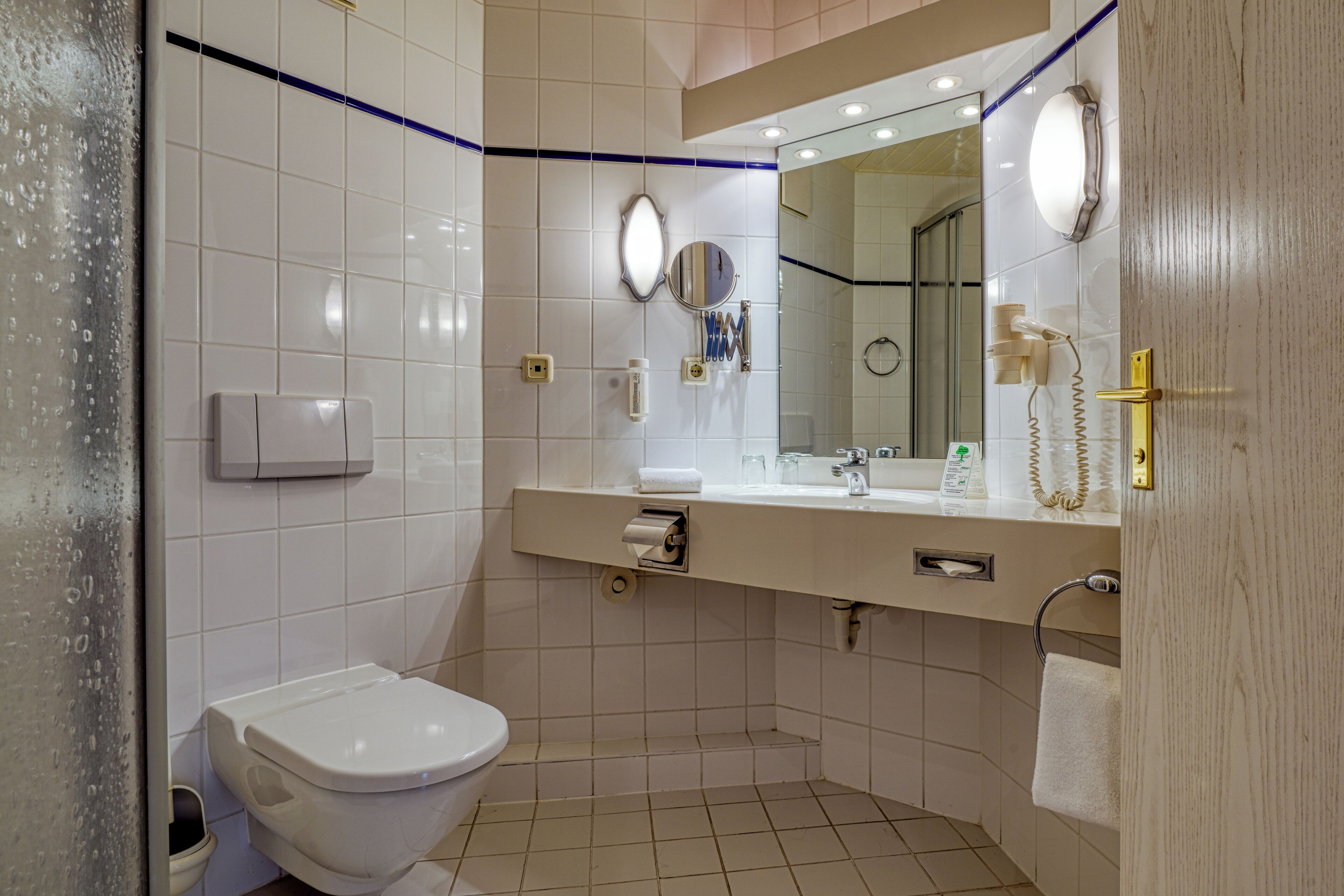 Une salle de bain équipée d’un WC, d’un lavabo, d’un miroir et d’un porte-serviettes.