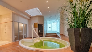 Een moderne badkamer met een ruime badkuip, een douche en een plant in een pot.