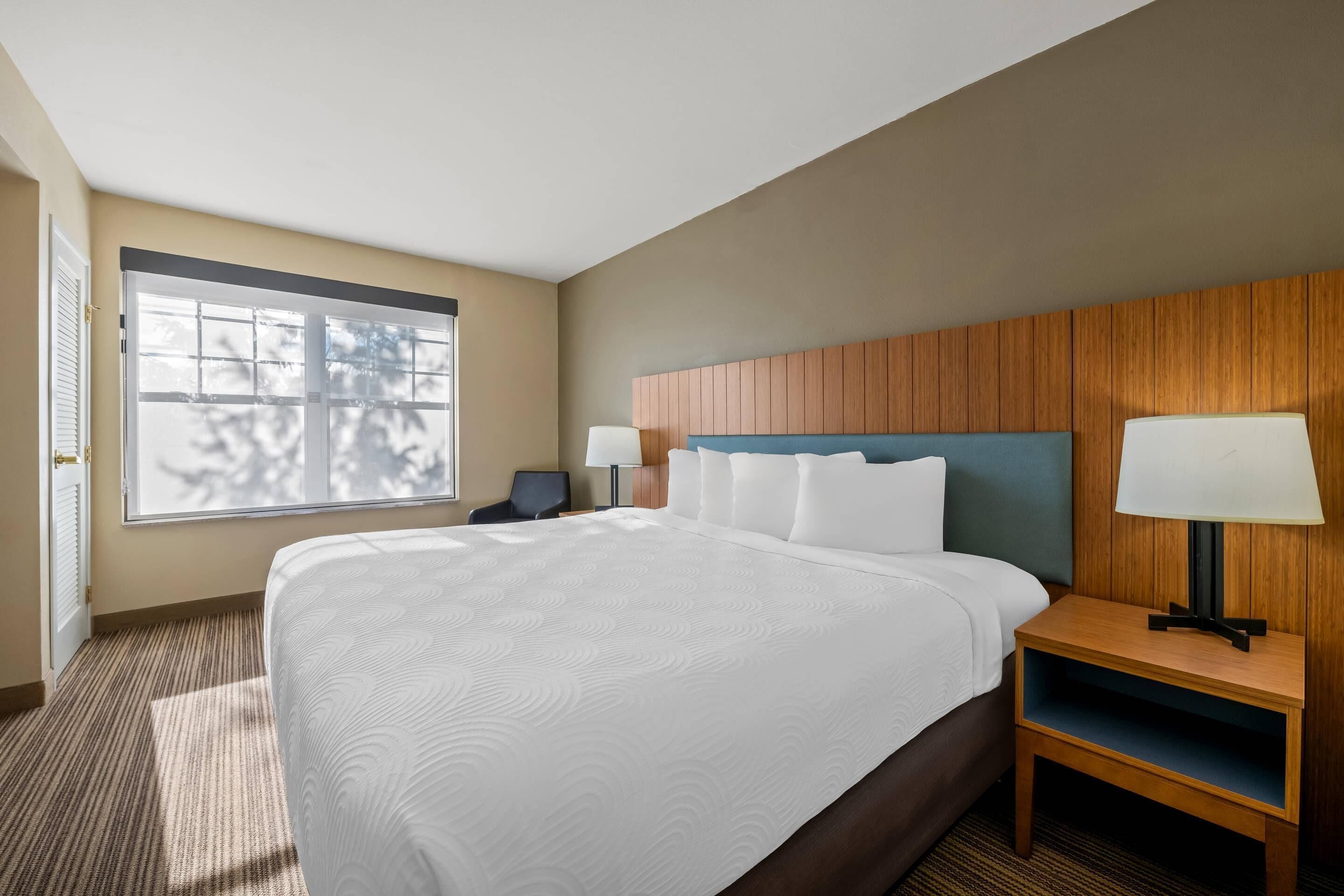 Habitación de hotel con una cama grande, dos mesitas de noche con lámparas, una ventana con vistas y una puerta.