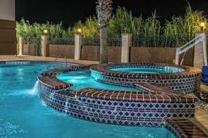 Una piscina con jacuzzi y una palmera.