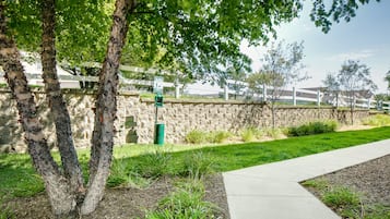 Un espace aménagé comprenant un muret en pierre, un arbre et un chemin pavé.