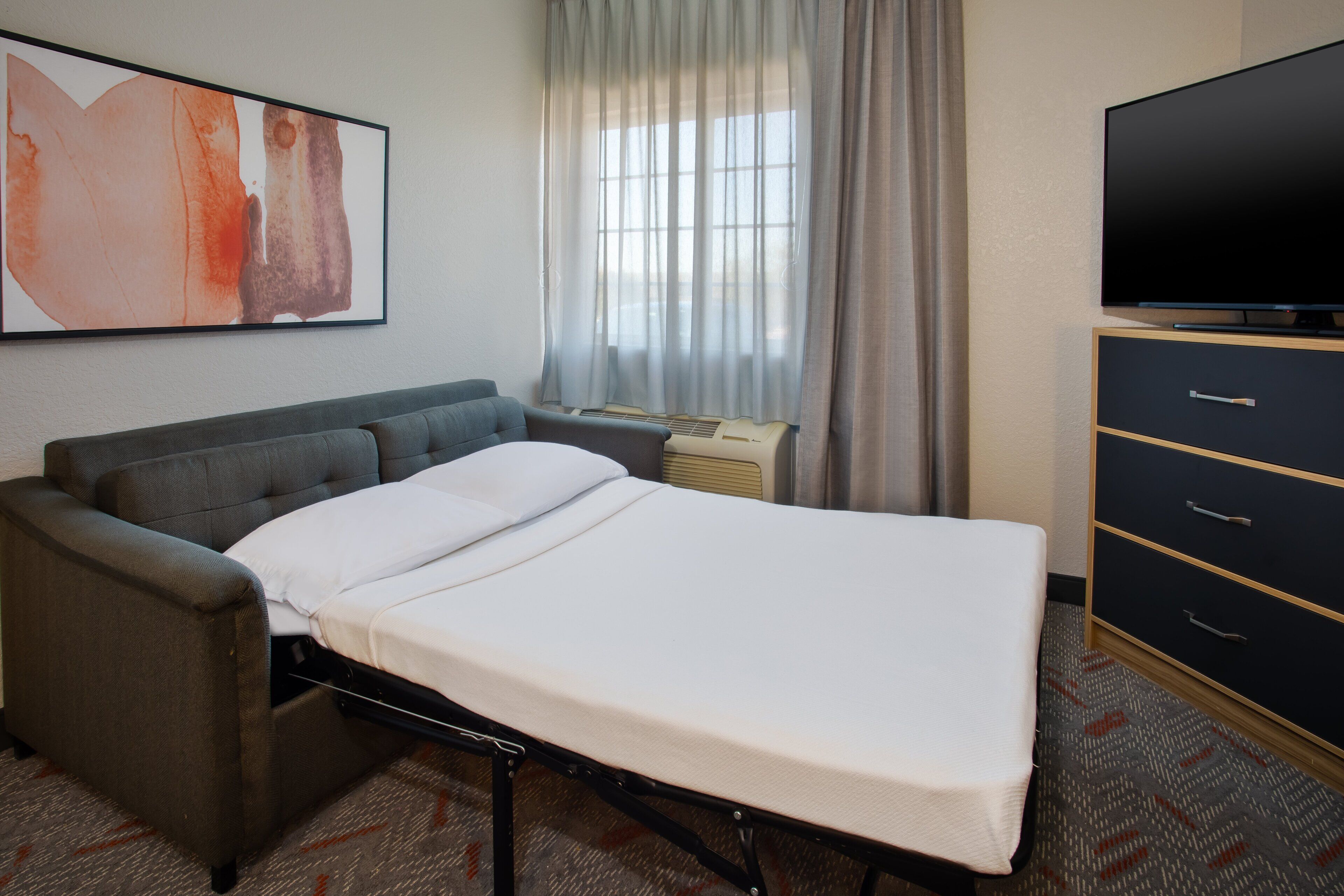 1 bedroom, desk, blackout curtains, iron/ironing board