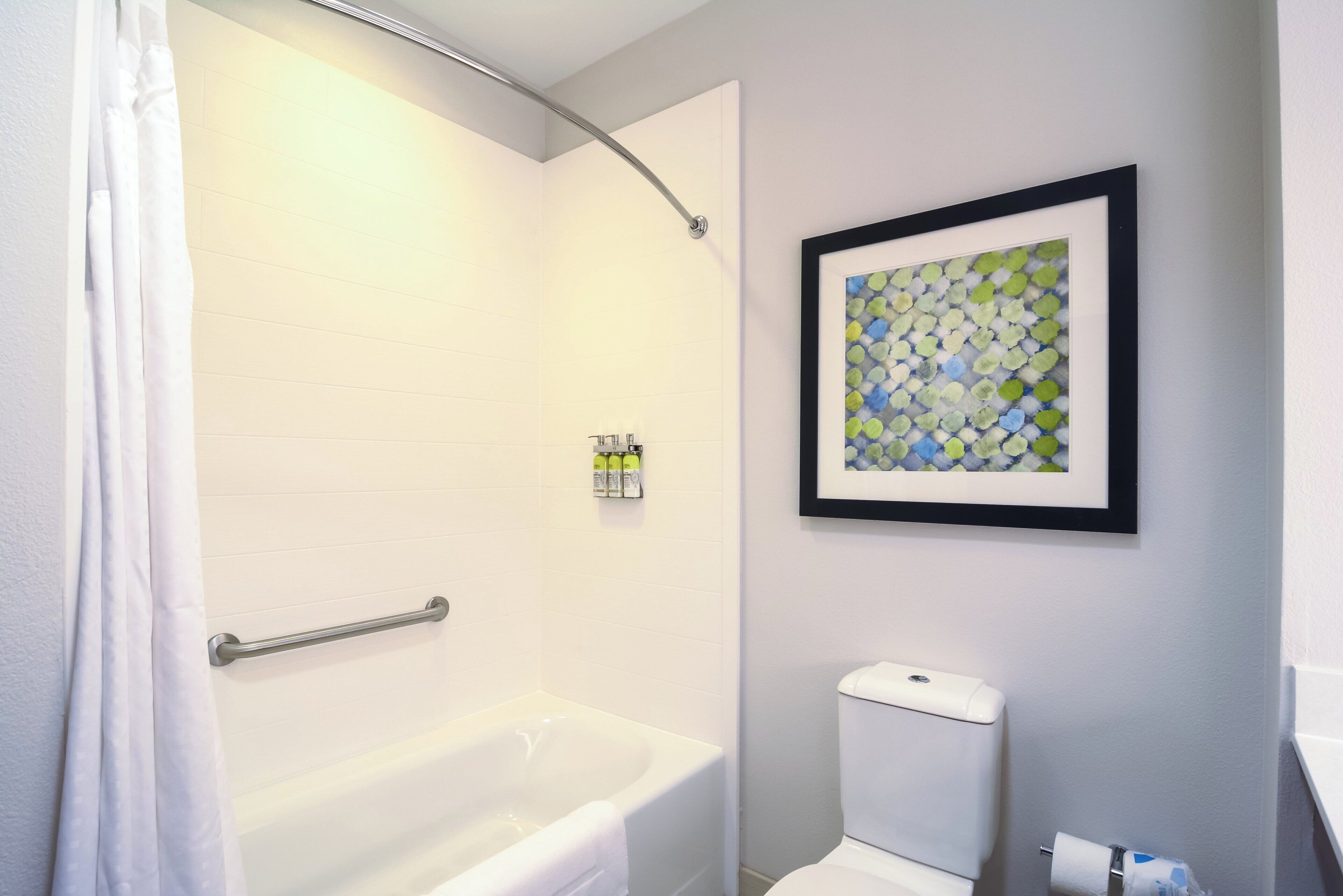 A bathroom with a bathtub, toilet, and a framed artwork on the wall.