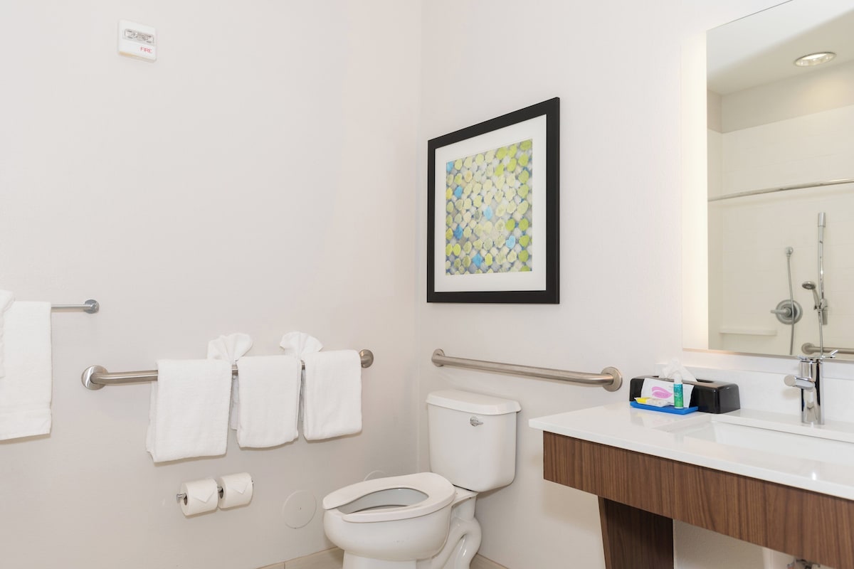A bathroom with a toilet, handrails, a sink with a mirror, a framed picture on the wall, and a fire alarm.