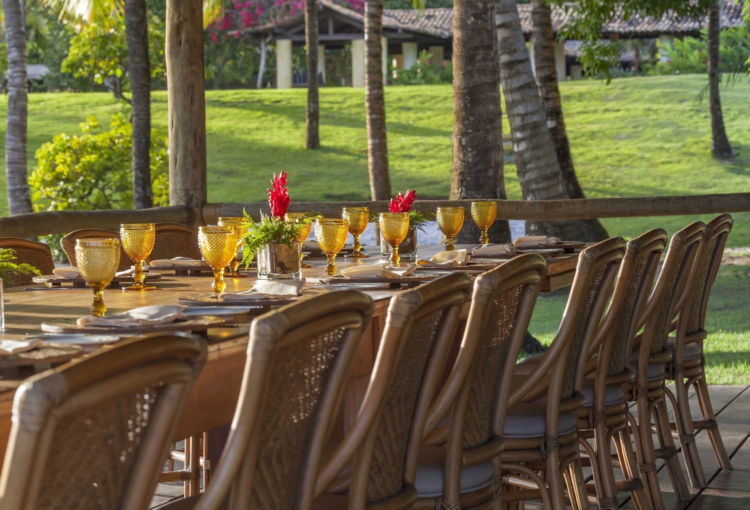 Mesa de comedor al aire libre con sillas de mimbre, copas de vidrio dorado y vistas a un jardín tropical.
