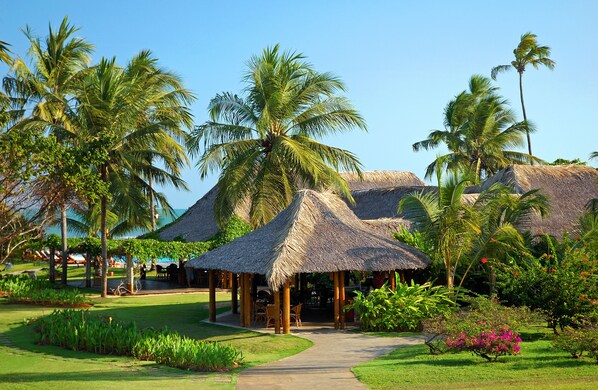 Un resort con cabañas de techo de paja, palmeras y un camino que lleva a las edificaciones.