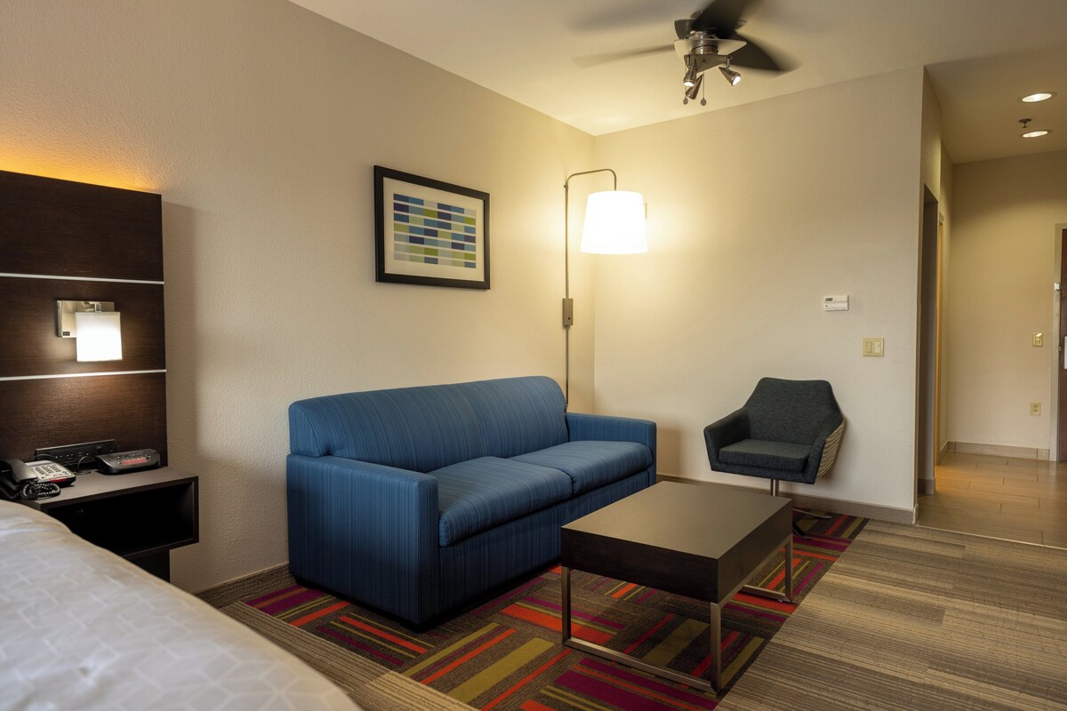 Habitación de hotel con un sofá azul, un sillón pequeño, una mesita de café, una lámpara, un cuadro en la pared y una cama.