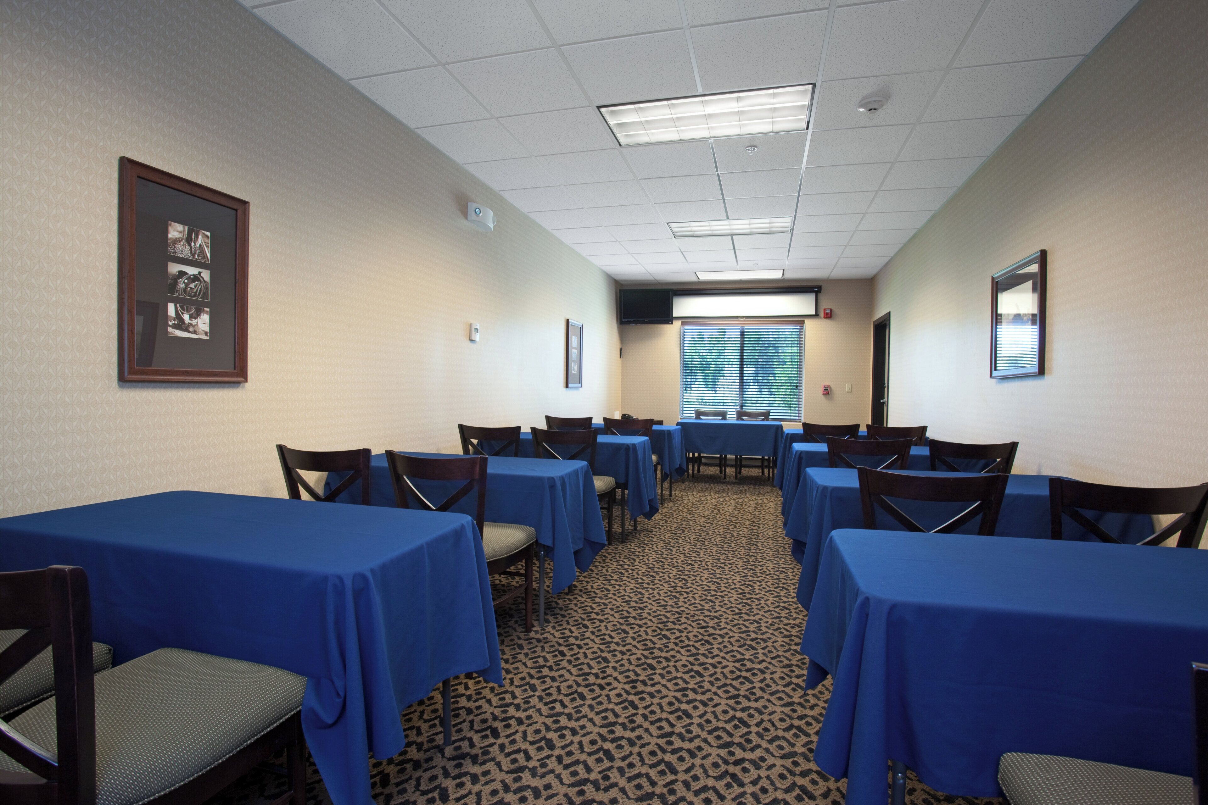 A conference room with multiple tables and chairs, a patterned carpet, and a framed picture on the wall.