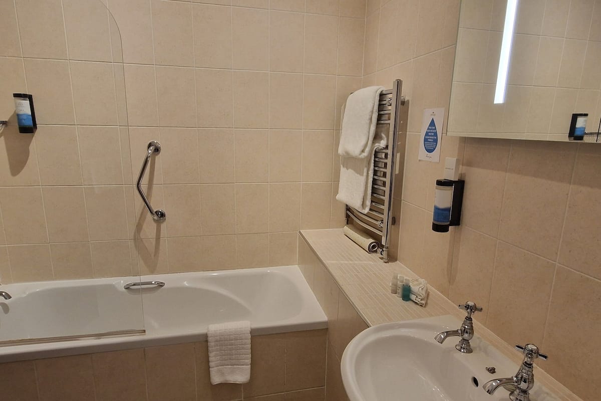 combined shower/bathtub, free toiletries, hair dryer, towels