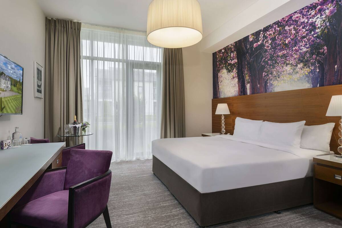 A hotel room with a large bed, a desk with a chair, a TV, and a painting on the wall.
